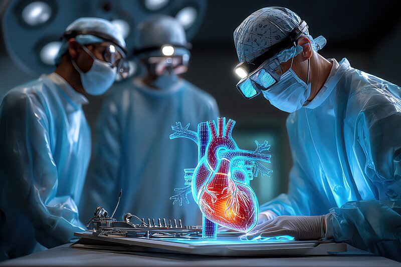 Medical illustration of surgeons observing a human heart and its chambers.